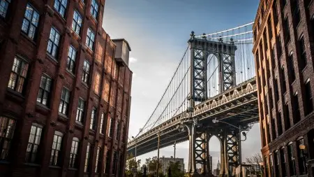 view of brookly bridge from a city street