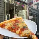 a slice of pizza on a paper plate