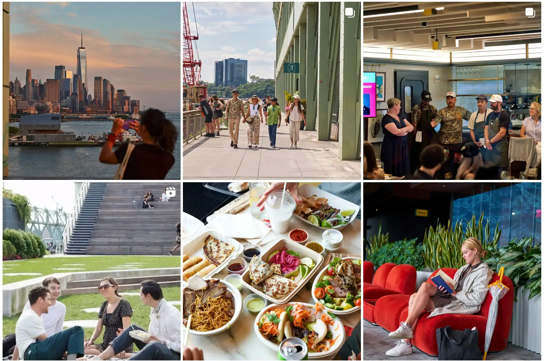 Collage of different photos featuring food and people eating