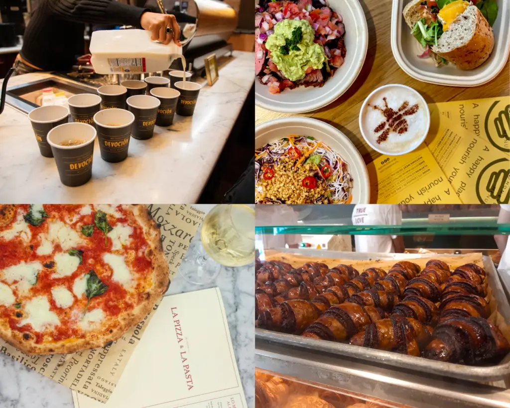 photos of various foods - coffee, salads, pizza and pastries