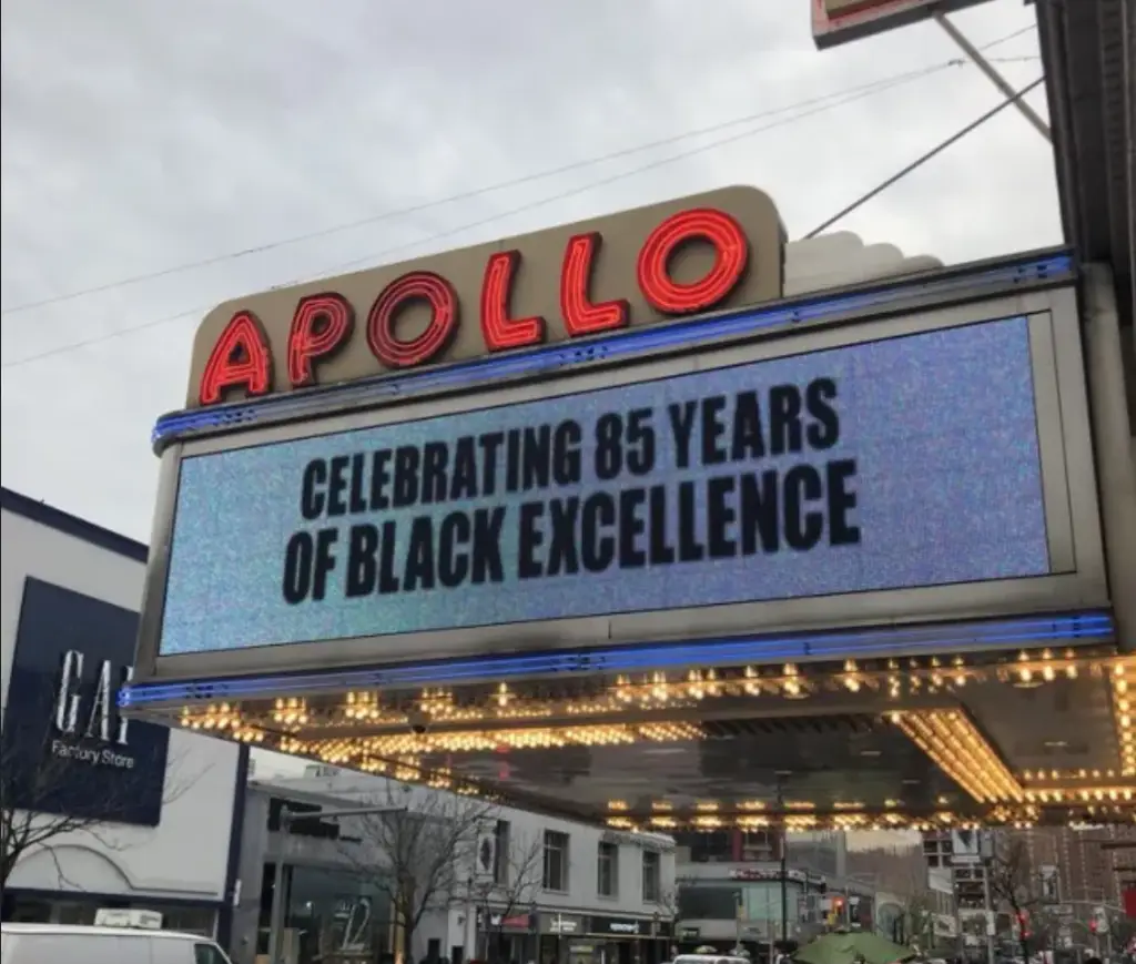 a sign above a store with Apollo Theater in the background