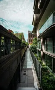 a train is parked on the side of a building