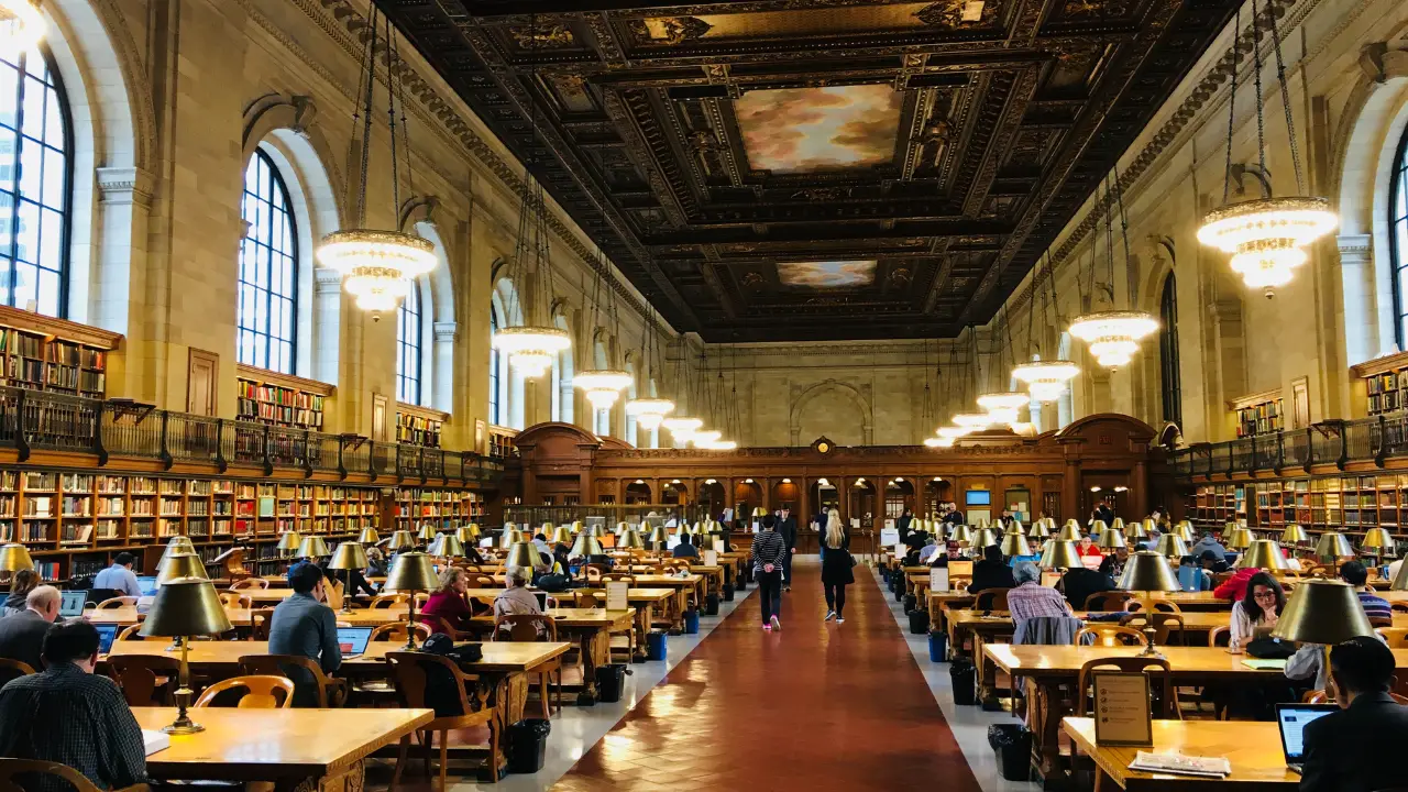 a group of people sitting at a table in a library with New York Public Library in the background