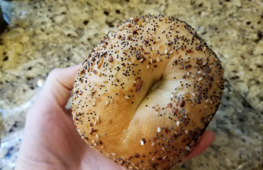 a hand holding a New York bagel