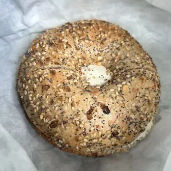 a close up of a bagel