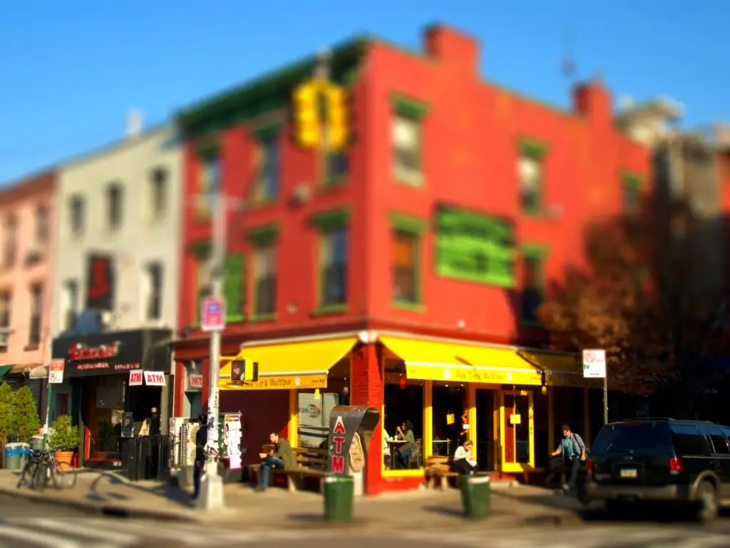 A colorful street corner on Bedford Avenue in Williamsburg, Brooklyn