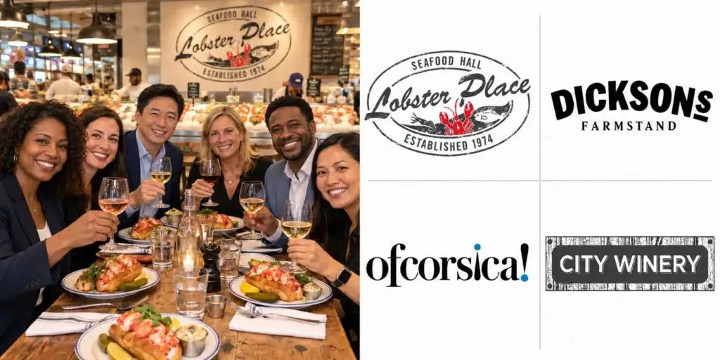 8 NYC Corporate Holiday Party Ideas for Teams That Love Food, Drinks & a Little Adventure | Like A Local Tours Group raising glasses over lobster rolls at Lobster Place, beside logos for Lobster Place, Dickson's Farmstand, Ofcorsica and City Winery