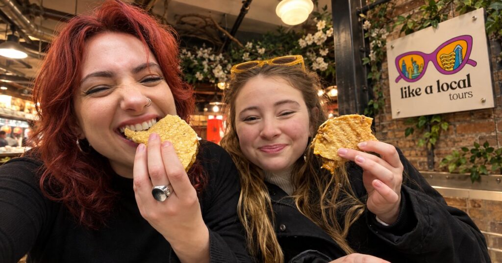 Two guests tasting food at Chelsea Market beside the Like A Local Tours sign