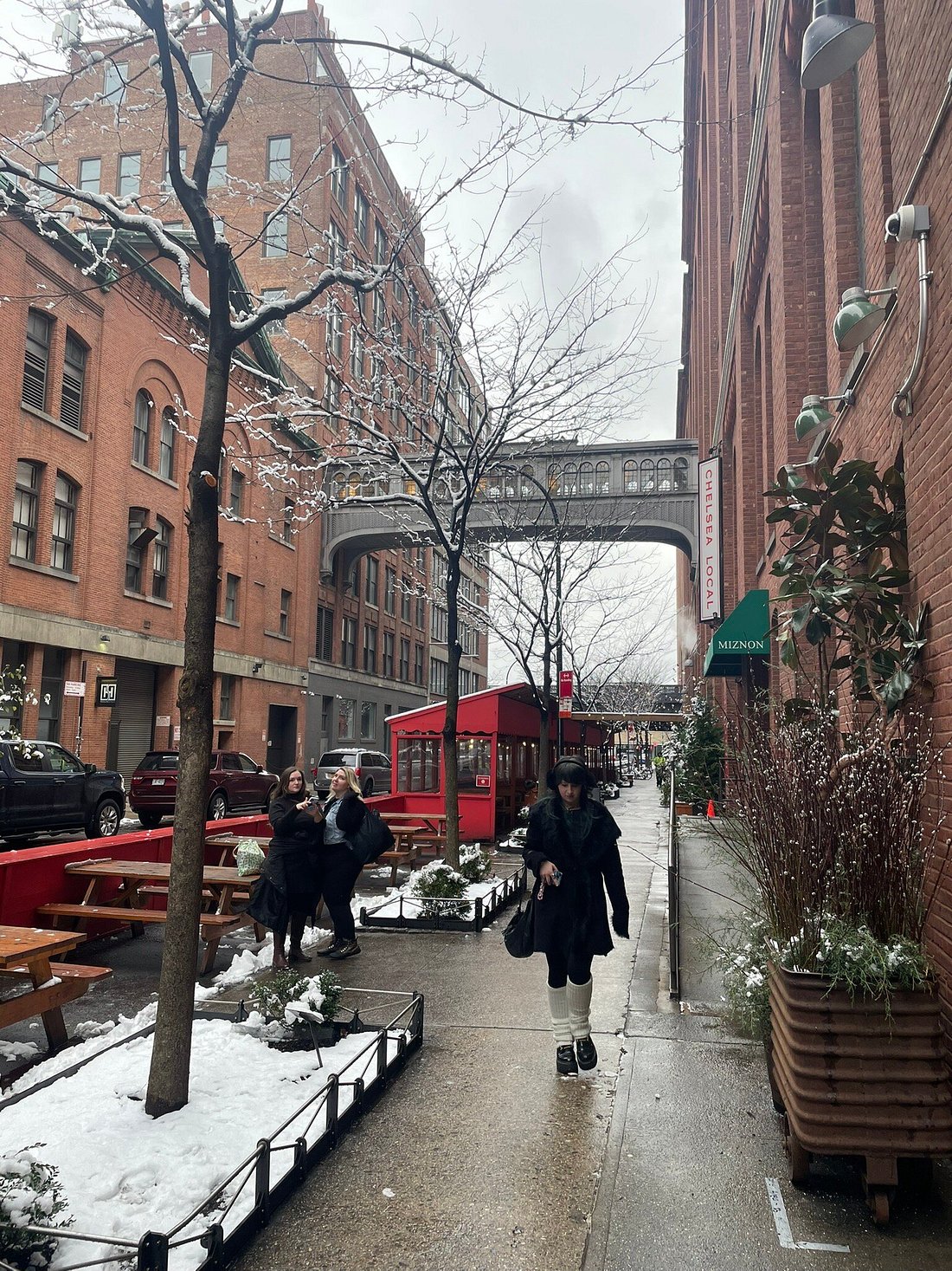 a group of people walking down a snowy street in Chelsea, NYC