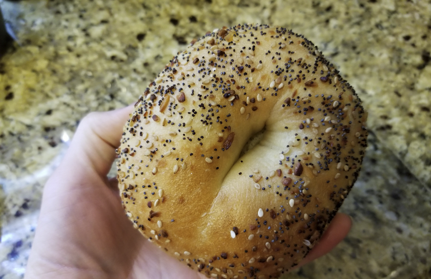 a hand holding a New York bagel